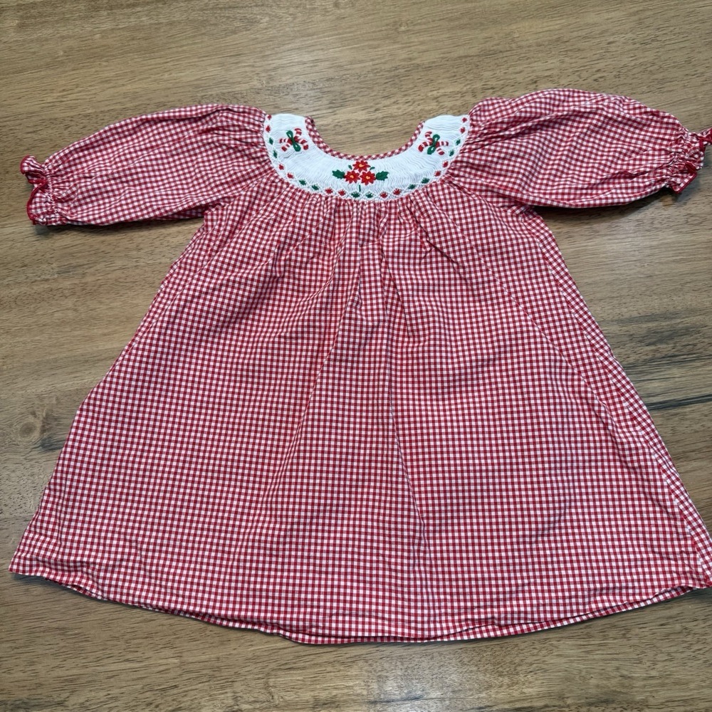 Girls Smocked Christmas Red Gingham Dress Candy Cane 9-12 Months Smocking Cotton